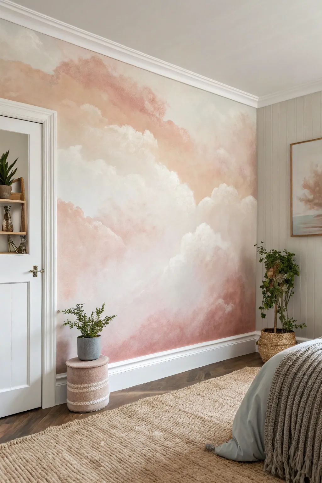 Soft tone-on-tone color wash brings dreamy depth to a minimalist Scandinavian bedroom wall