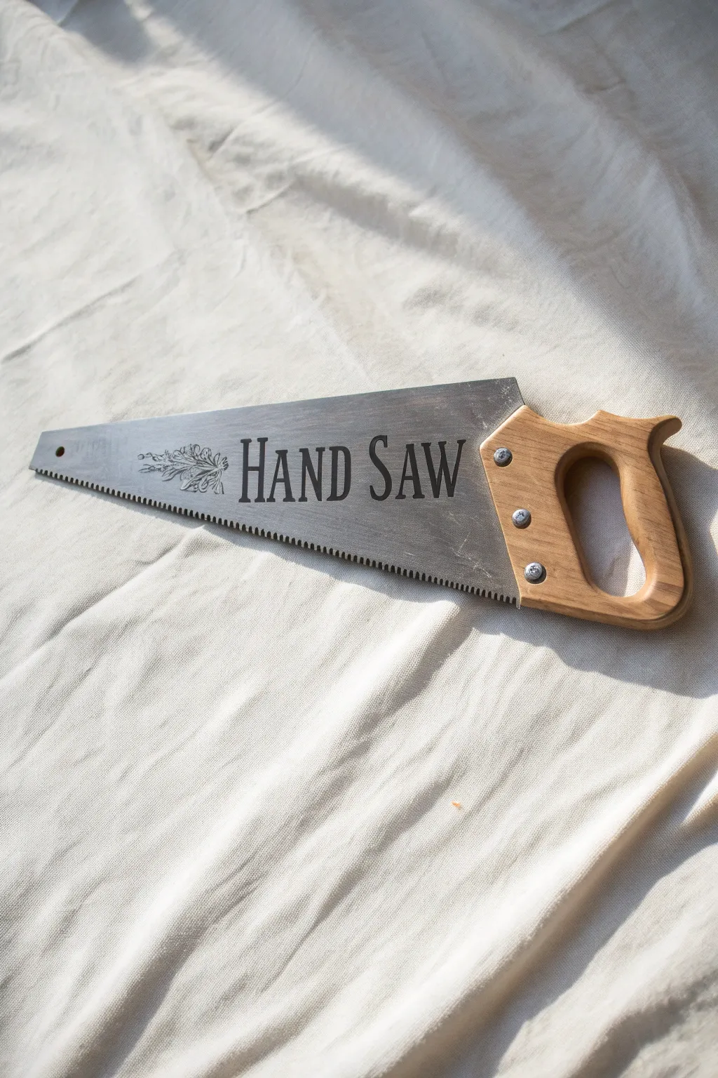 Scandinavian minimal hand saw with bold hand lettering on the blade and clean high contrast