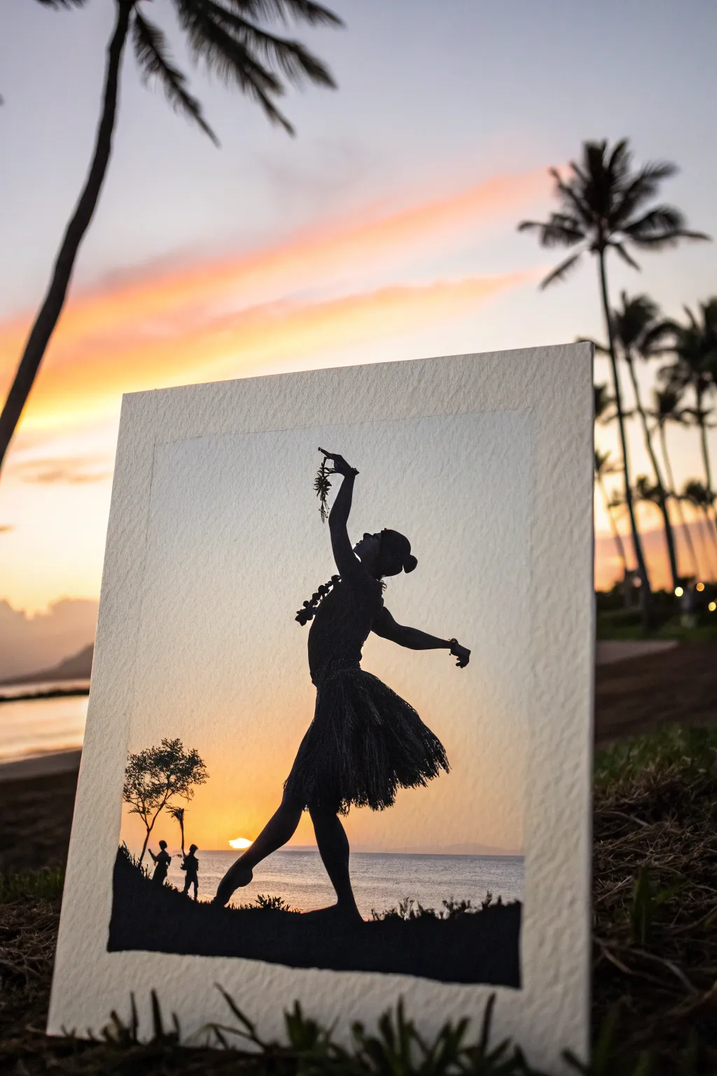 Minimal hula silhouette in deep charcoal against a glowing Hawaiian sunset, calm and elegant