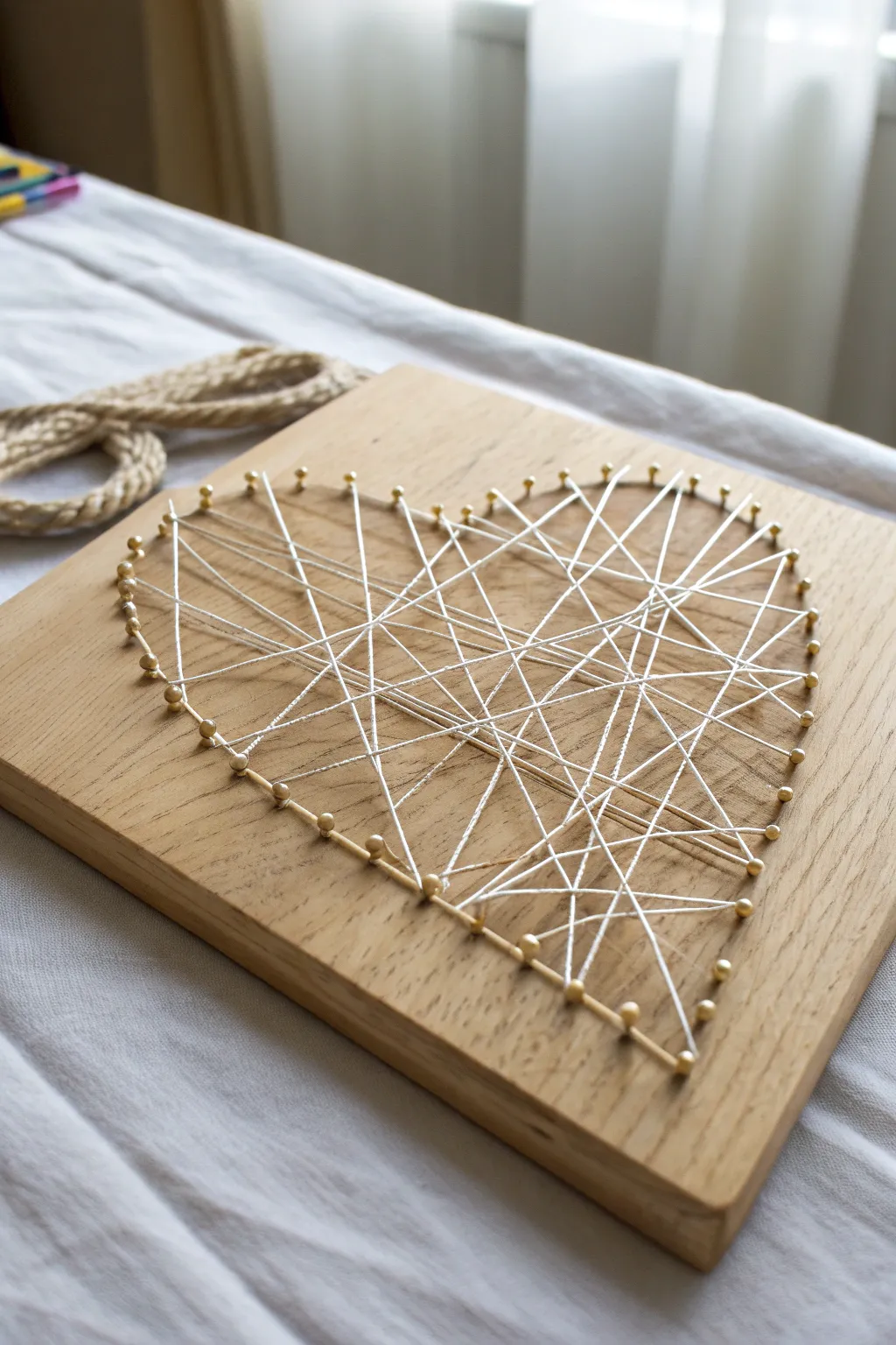 Minimalist string art heart: warm wood, crisp nails, and woven threads in soothing texture.