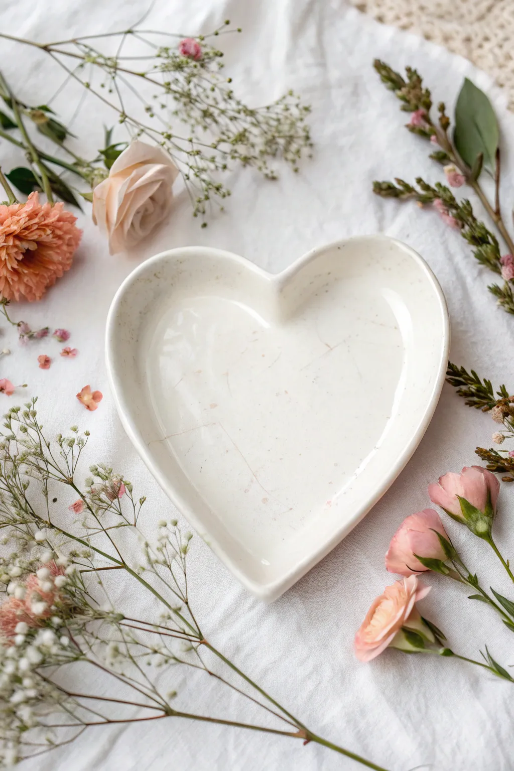Soft watercolor blooms on a heart plate, minimalist and boho for easy painting inspiration.