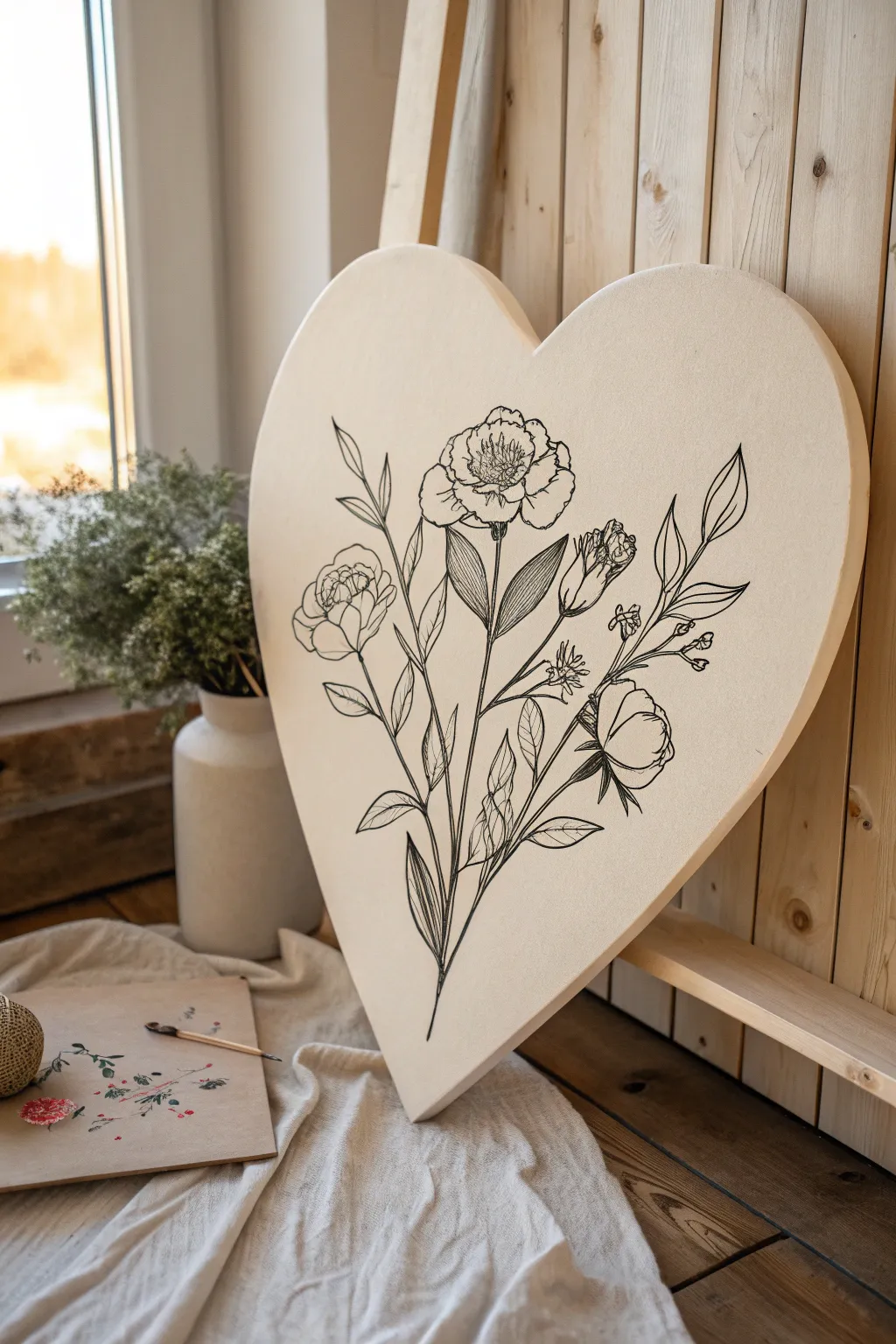 Easy heart canvas idea: neutral backdrop with a single-line bouquet for minimalist boho vibes