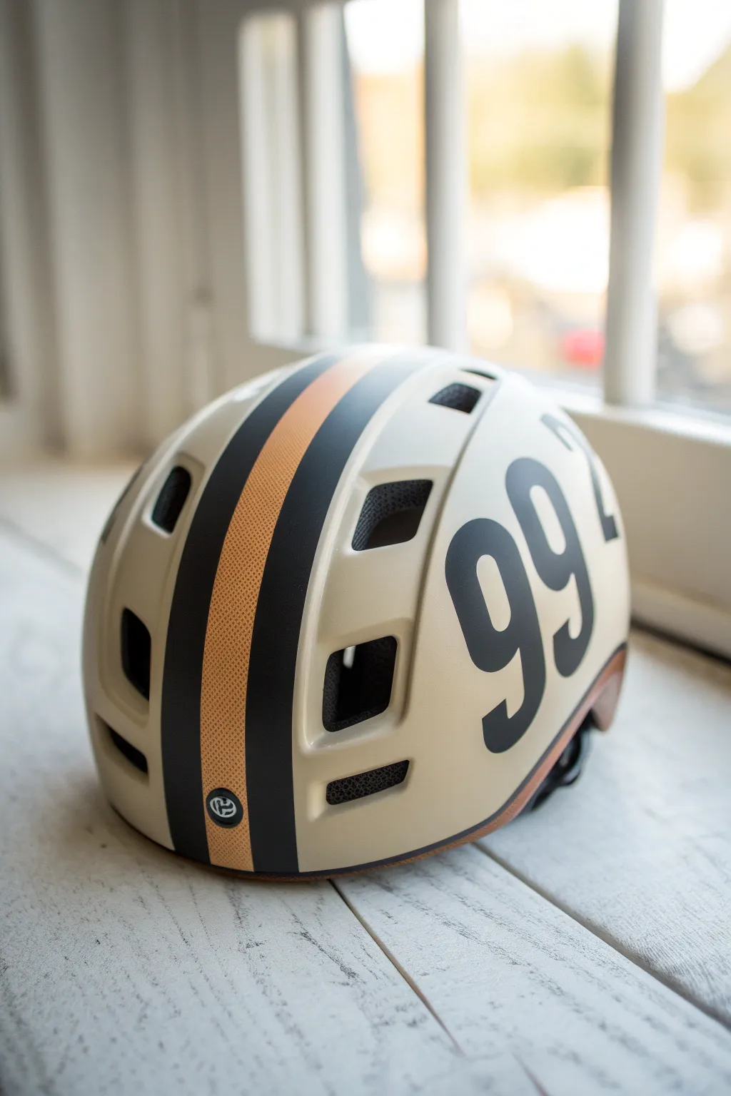 Bold number blocks on a minimalist helmet, crisp signage vibes with Scandinavian calm