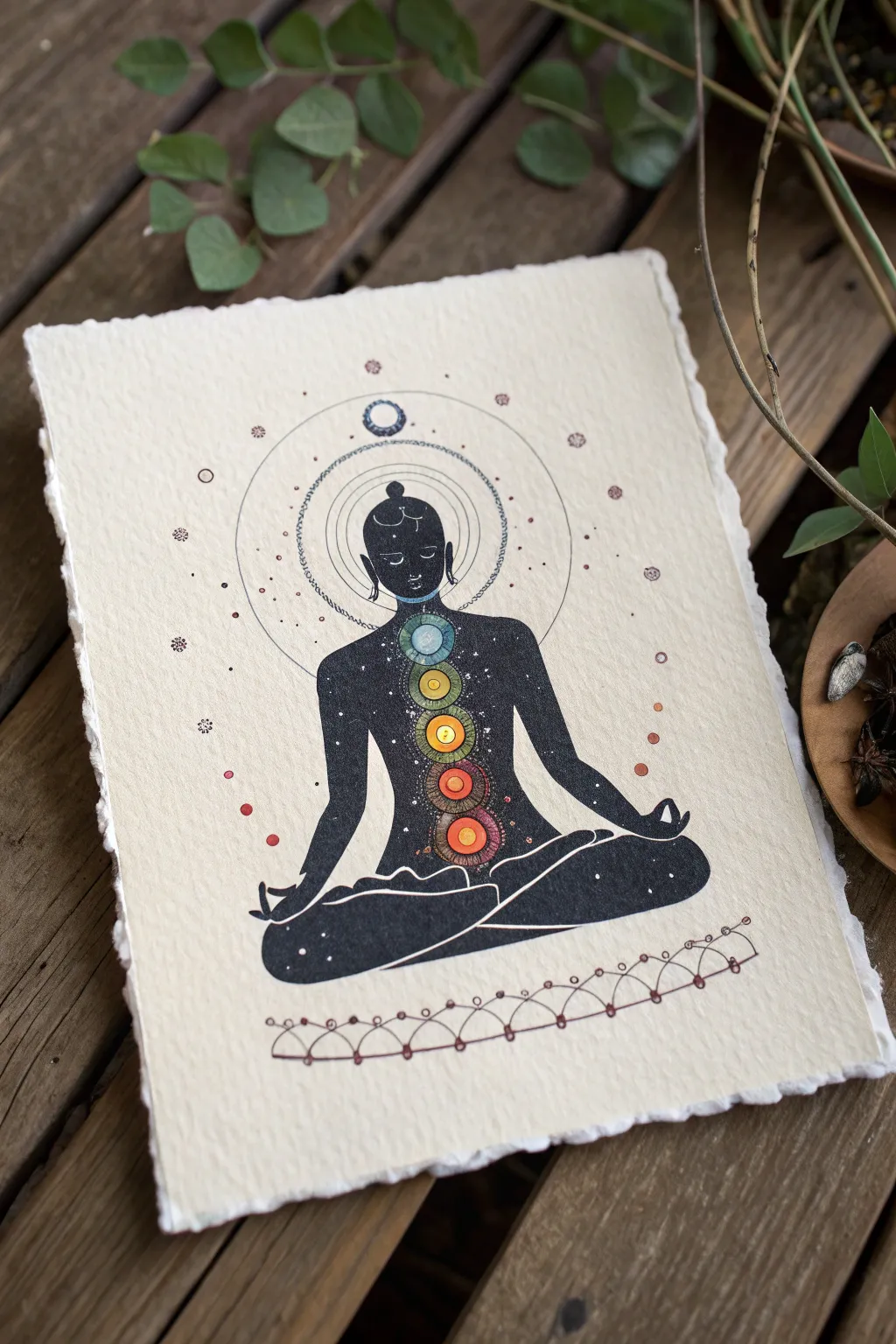 Chakra aura silhouette artwork with soft rainbow glow, minimalist boho calm and starry serenity