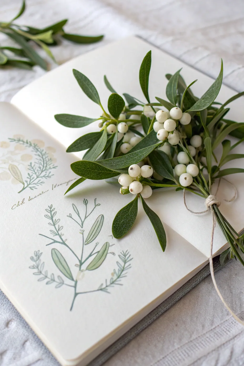 Minimal mistletoe corner motif in soft watercolor and ink, perfect for holiday card borders