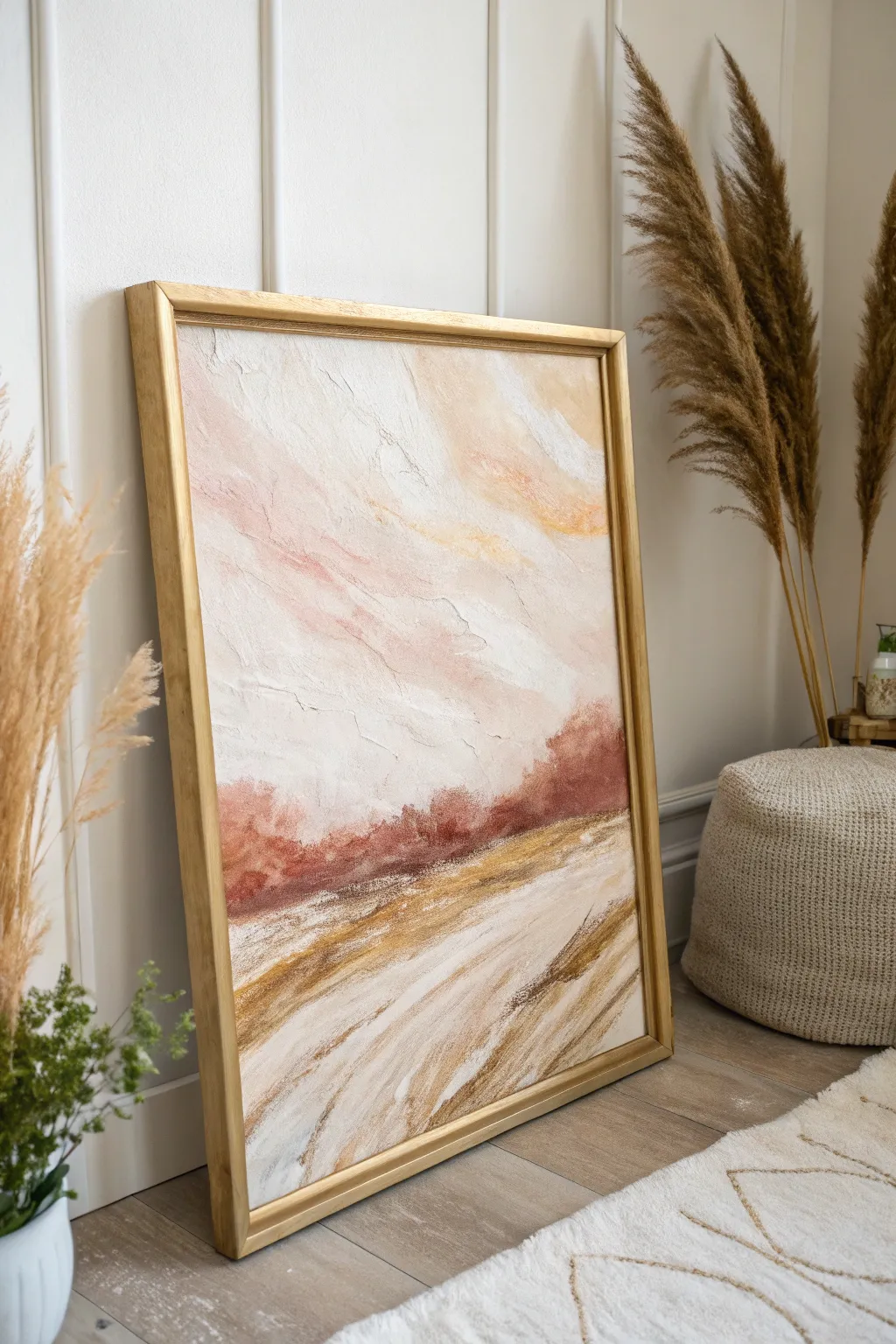 Minimal abstract canvas with gold accents for an easy luxe pop in Scandinavian-boho decor.