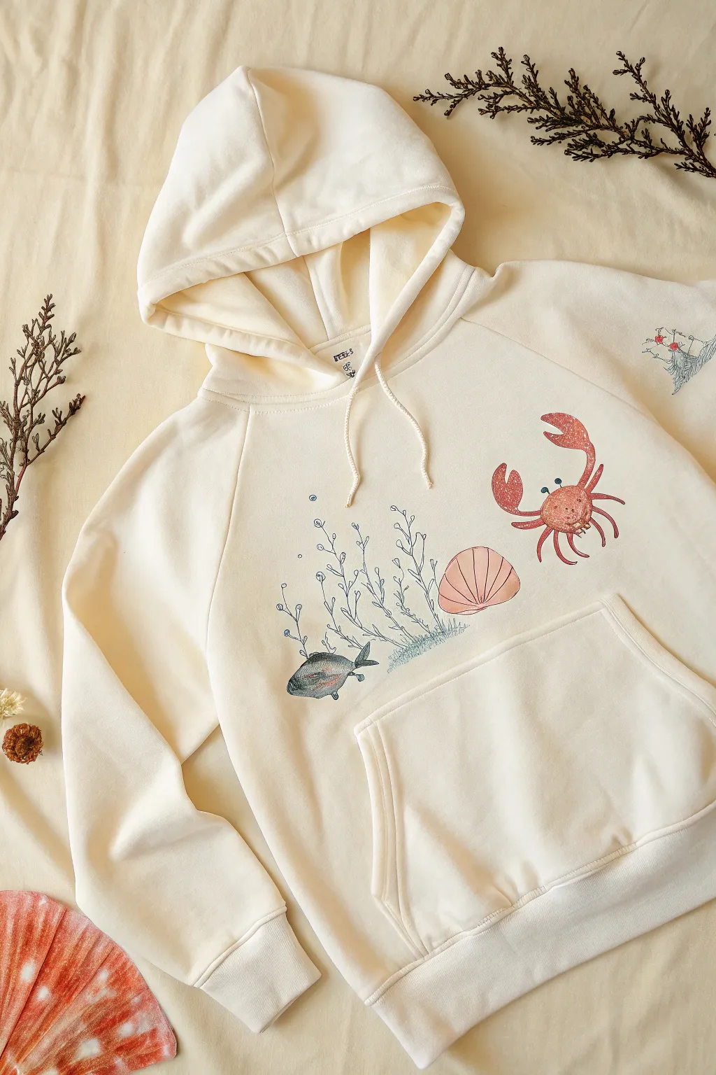Sea creatures swim around the kangaroo pocket for a clean, playful ocean themed hoodie