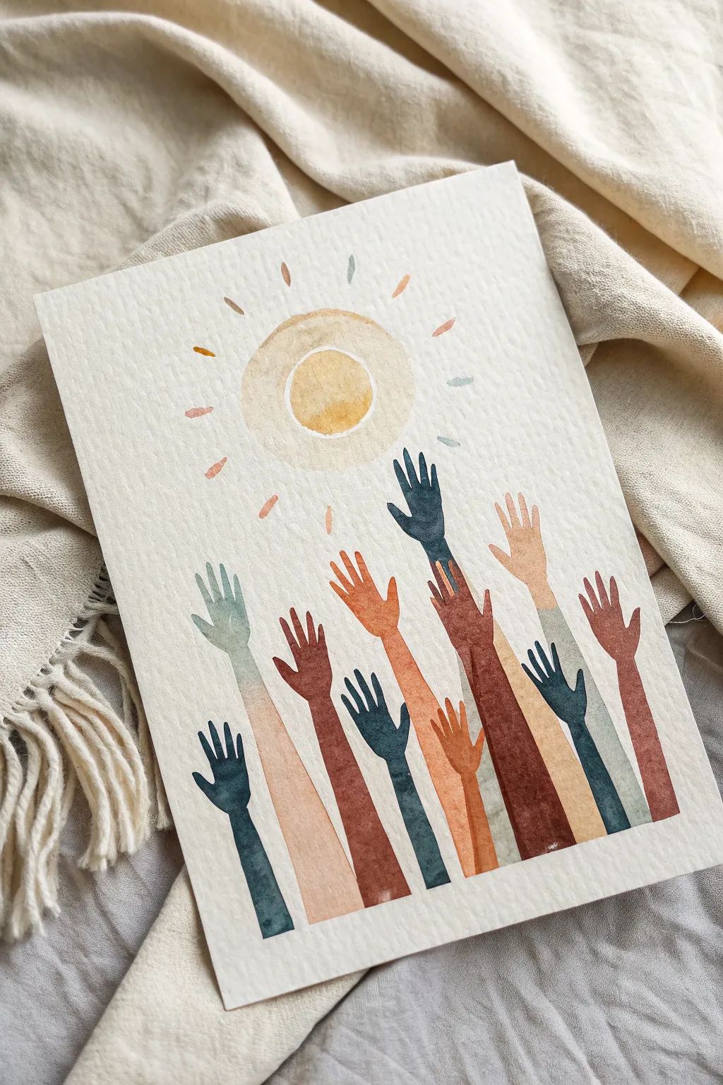 Paint hopeful unity with many hands reaching toward a soft glowing sun in minimalist boho style