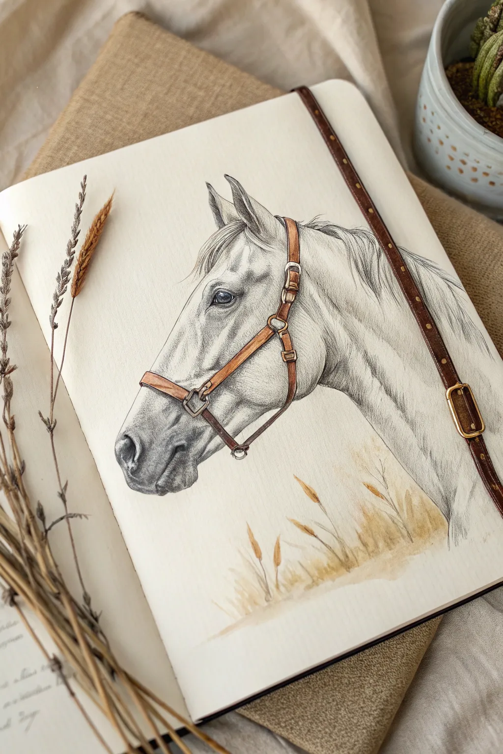 Elegant horse portrait idea with refined bridle straps, buckles, and sculpted facial planes.