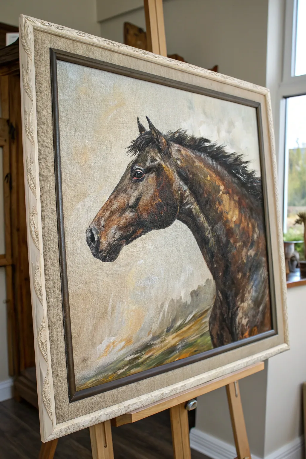 Palette-knife horse portrait with bold, tactile strokes and Scandinavian-neutral contrast.
