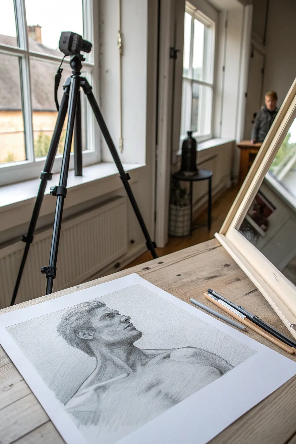 Mirror-reflection figure study with bold cropping rectangles and soft glass glare for modern drama