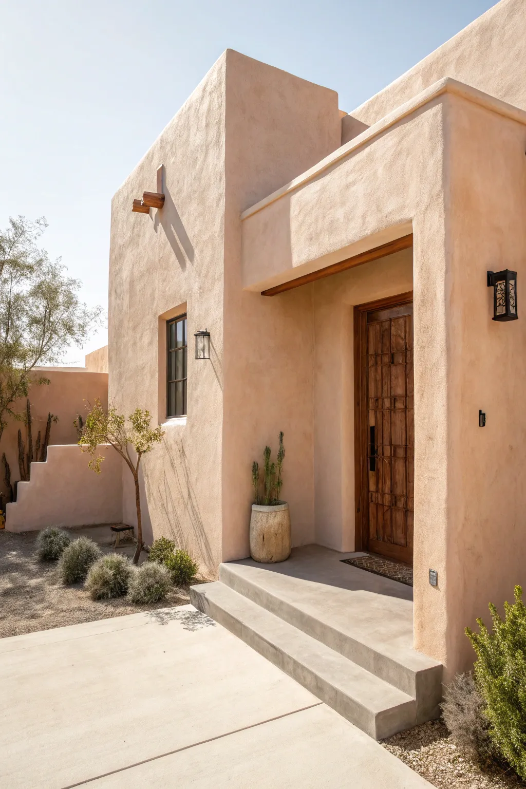 Warm sand stucco with terracotta trim brings desert calm and cozy curb appeal today.