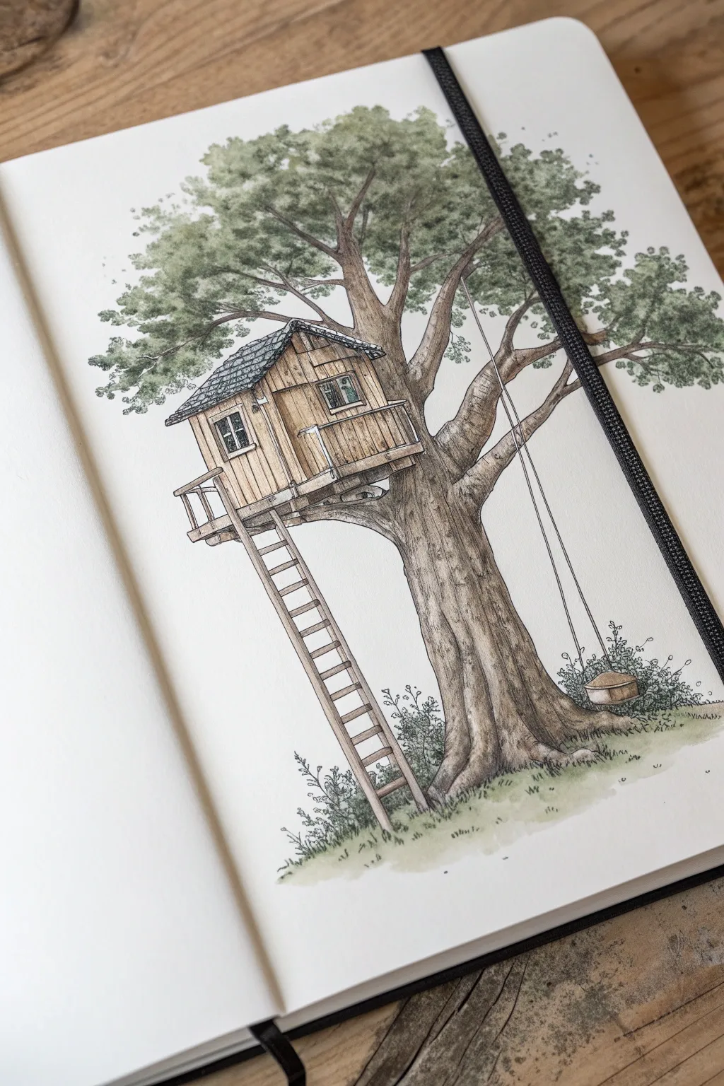 Cozy treehouse with rope ladder in minimalist boho style, perfect for your next house sketch.