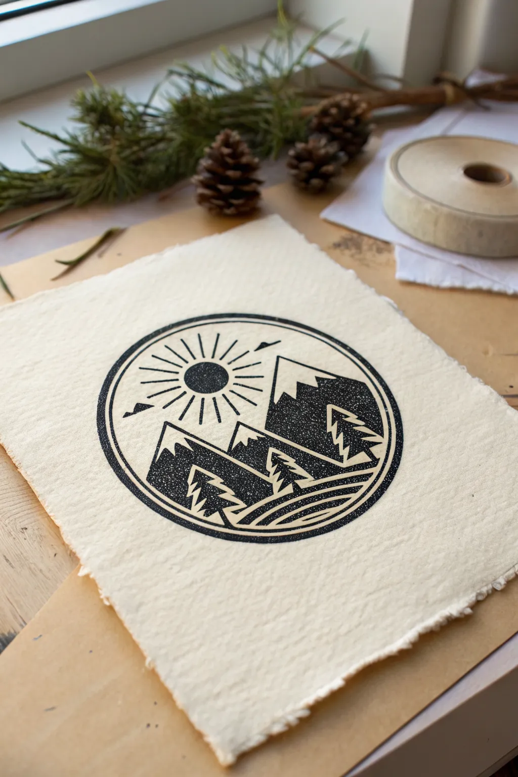 Minimal mountain badge linocut inspiration: bold peaks and sun in a clean circular emblem