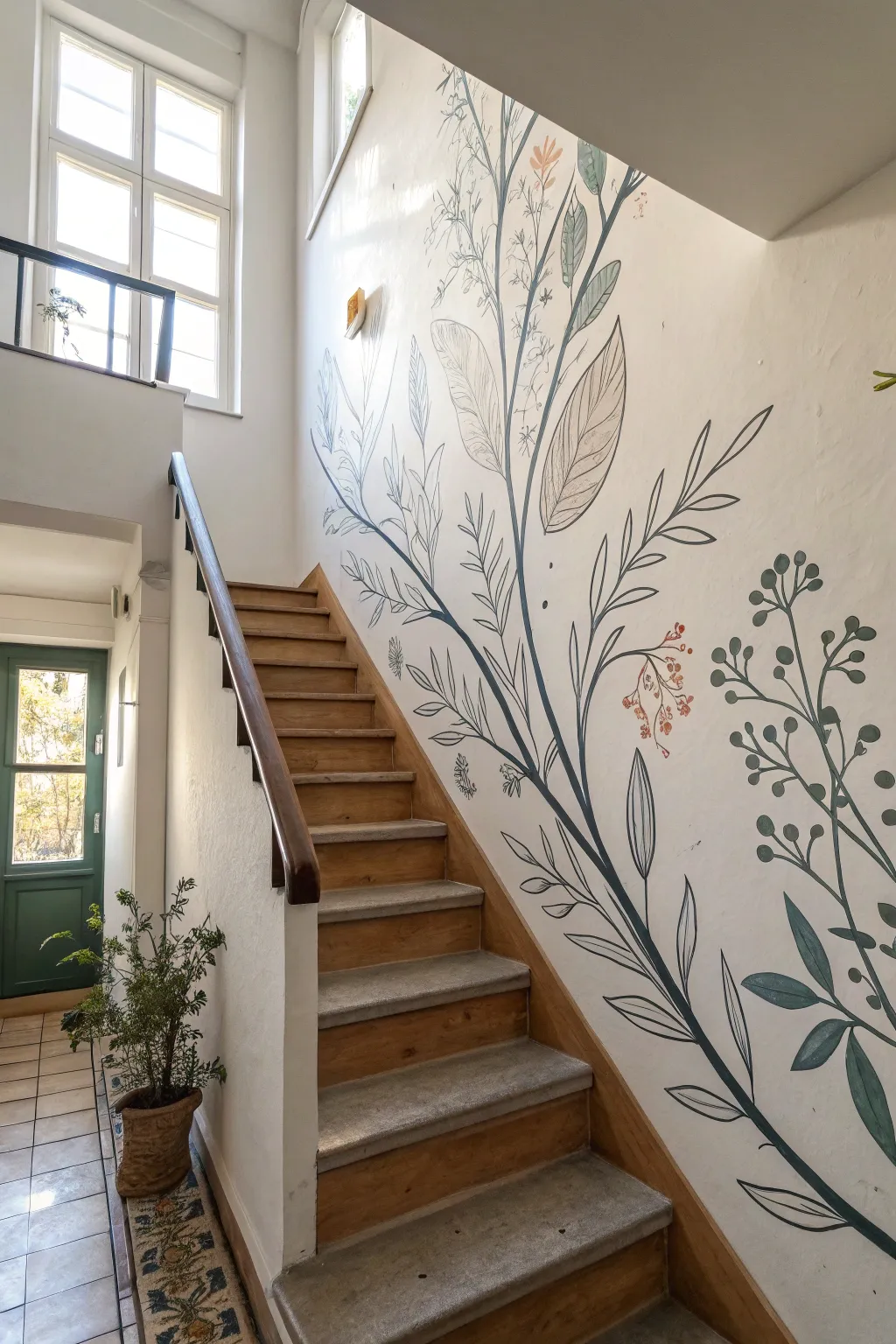 Hand-painted stairwell mural flowing upward in minimalist lines with a soft, earthy boho touch.