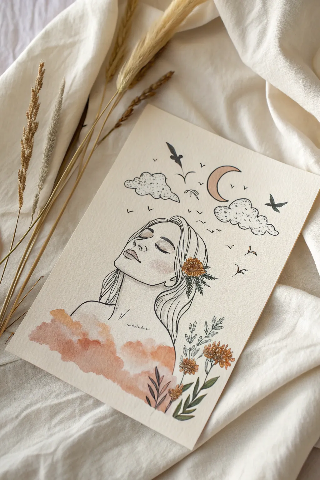 Minimal head opening sketch: thoughts drift out as clouds, birds, and wildflowers.