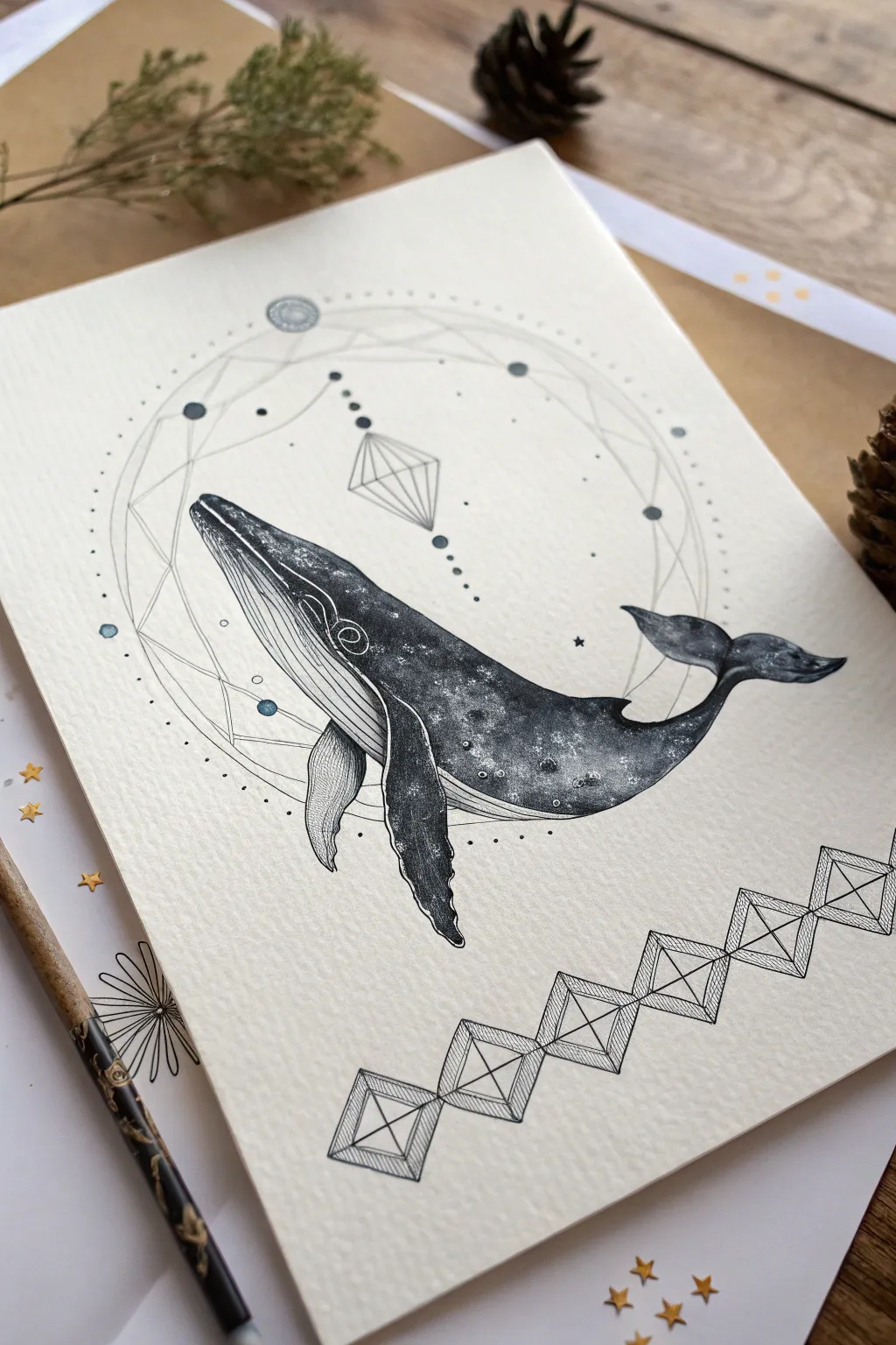 Surreal India ink whale drifting through minimalist geometric patterns with crisp white highlights