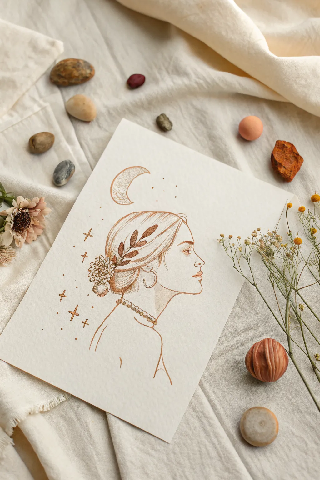 Floating head sketch with orbiting mini treasures, minimalist and dreamy drawing idea