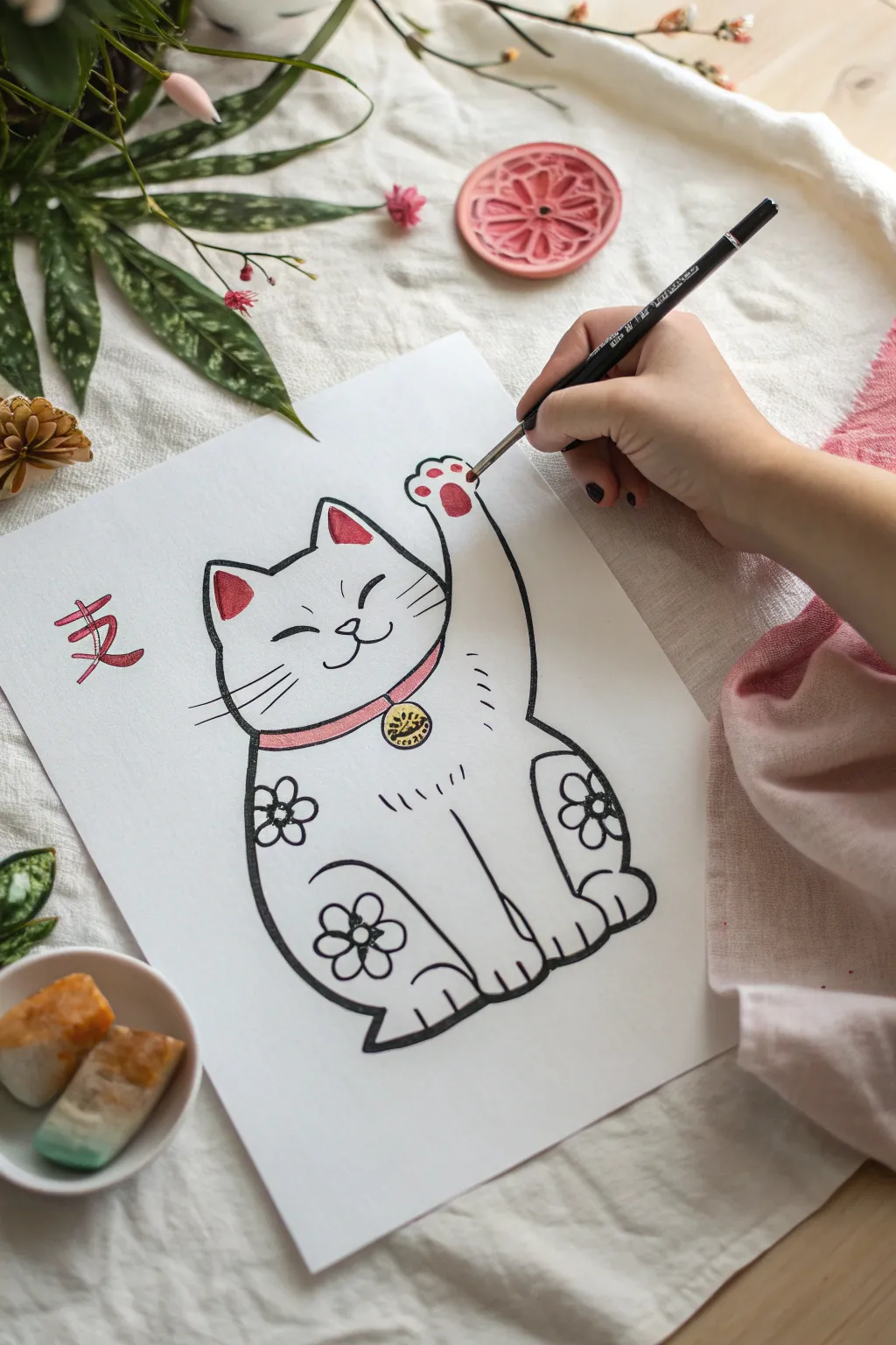 Minimal maneki-neko doodle with bold lines and soft blush accents for Japanese drawing ideas