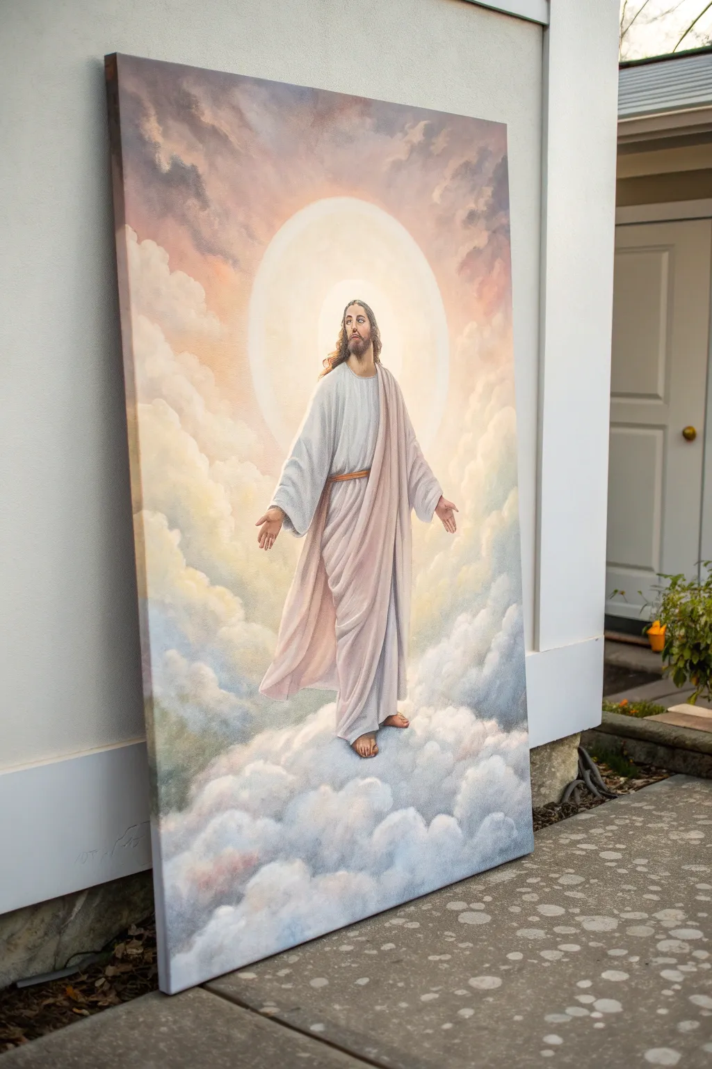 Ascension in soft pastel clouds, minimalist and uplifting, glowing halo of light to paint