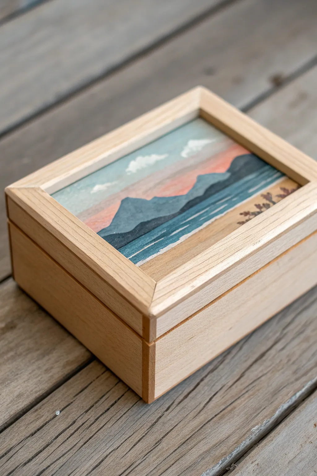 Tiny landscape lid turns a simple jewelry box into a serene, handmade focal piece.