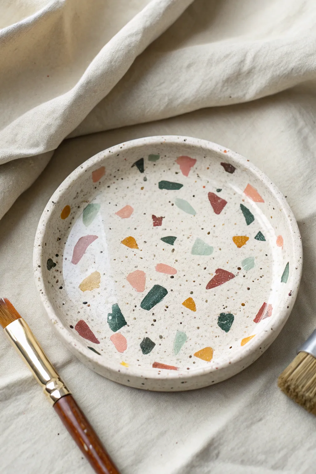 Terrazzo confetti speckles on a handmade jewelry dish, minimalist and playful color pops.