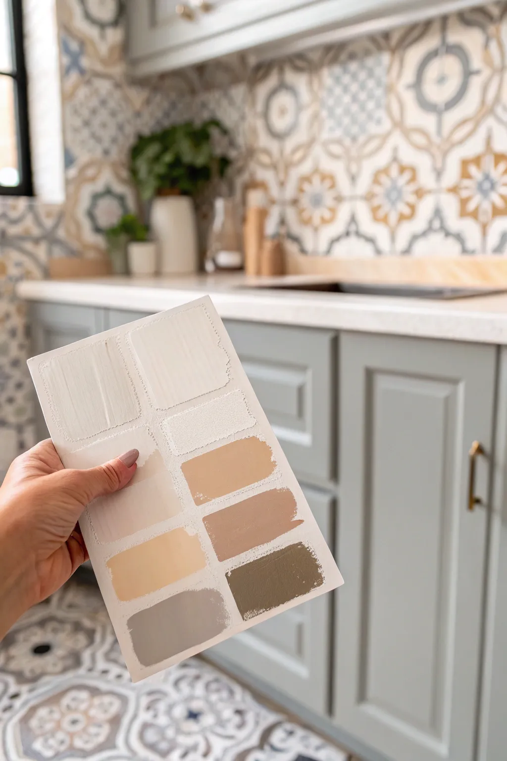 Backsplash-led paint picking: a simple swatch board that echoes tile tones for a calm kitchen