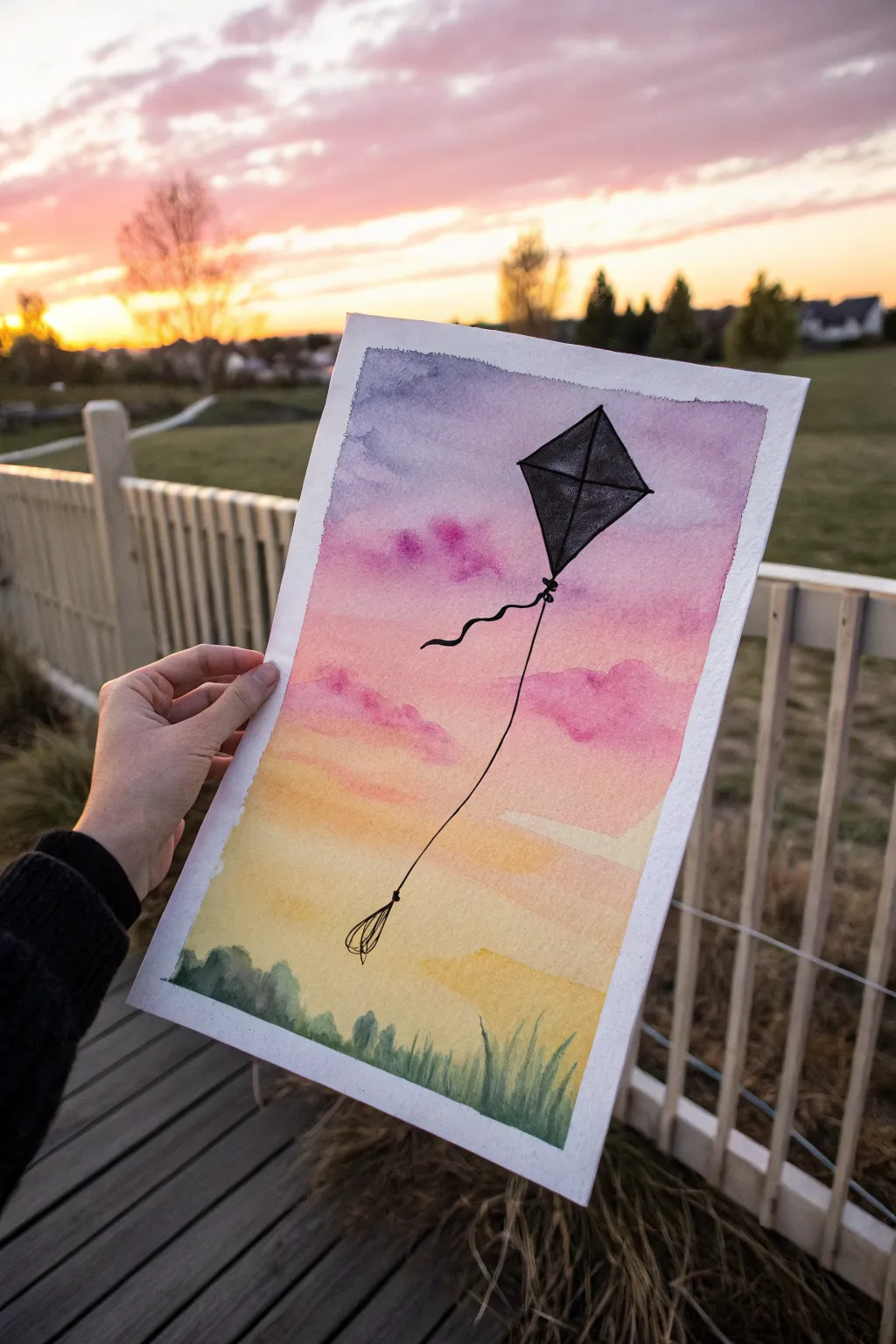 Simple kite silhouette drifting in a warm sunset gradient, perfect for minimalist drawing practice