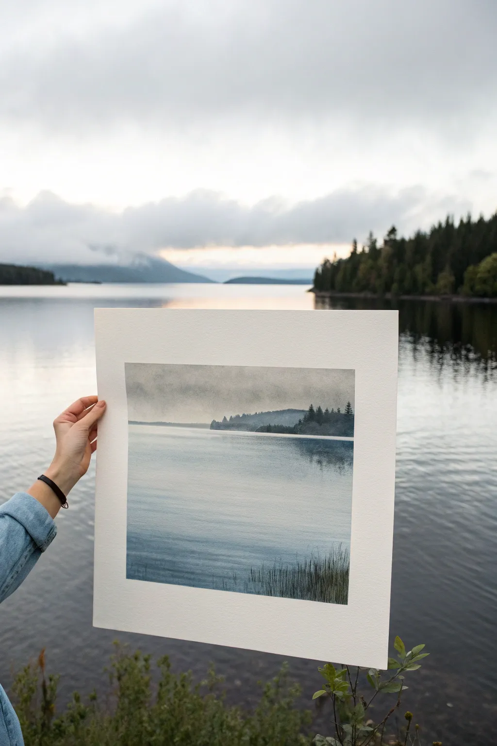 Minimal lake horizon with foggy hill layers, soft Scandinavian tones and soothing contrast for painting