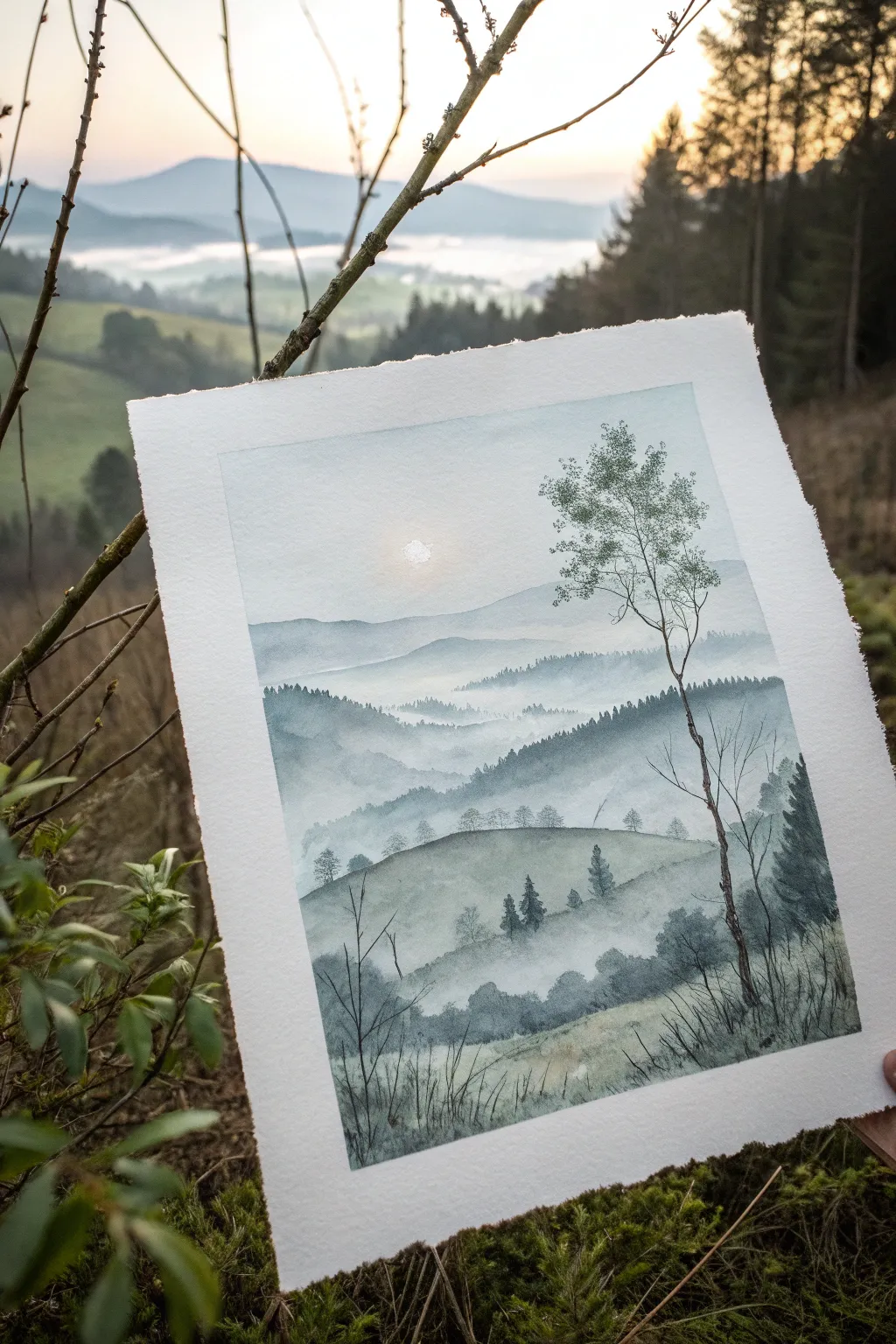 Paint a luminous misty morning with atmospheric perspective and a soft sun glow in the haze
