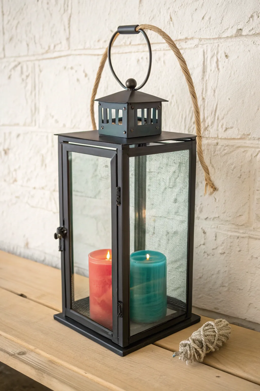 Minimal black lantern with a bright nested lantern inside for a modern surprise color pop.