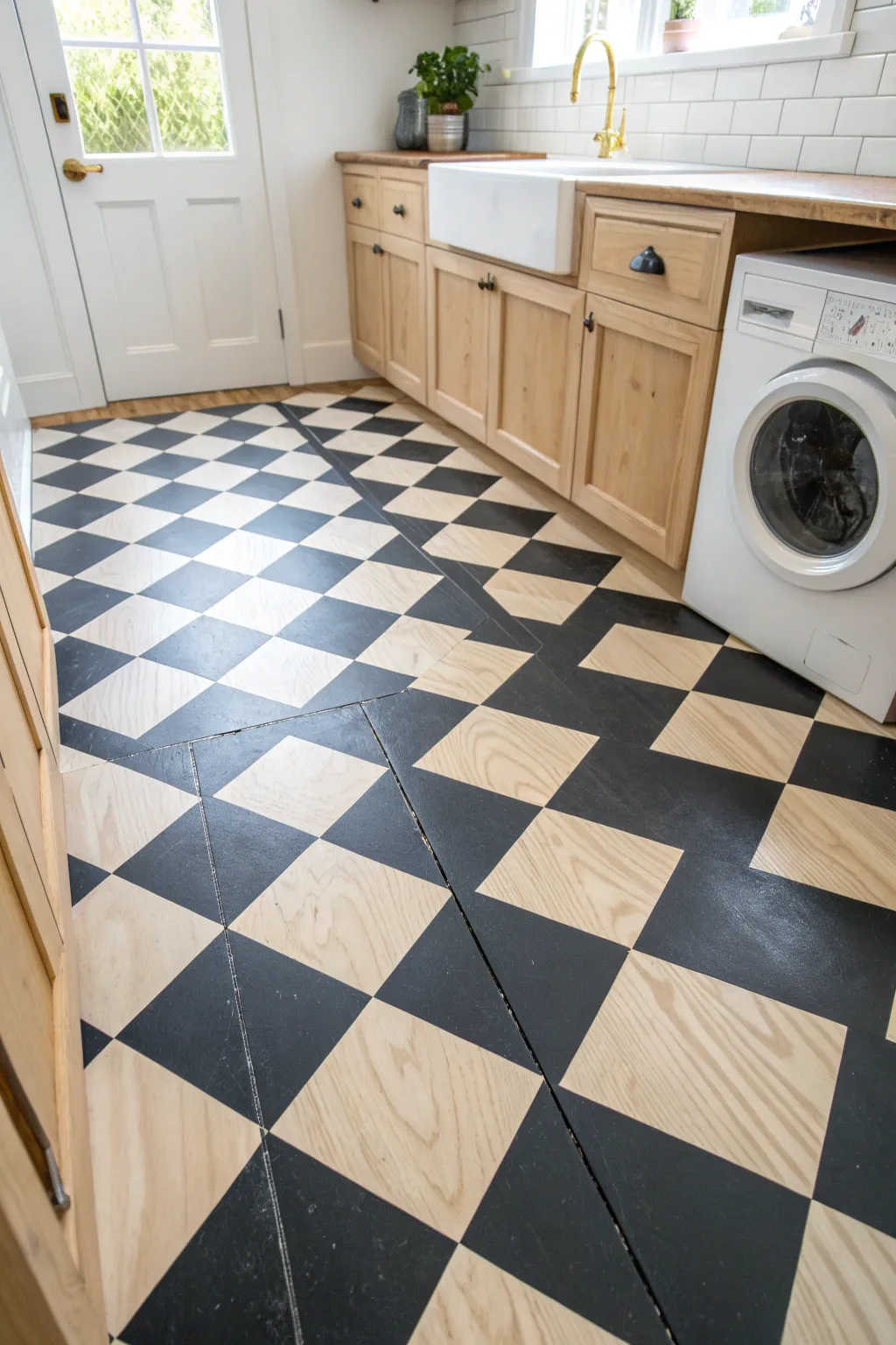 Add big personality with a bold painted checkerboard floor in a calm, minimalist laundry room.
