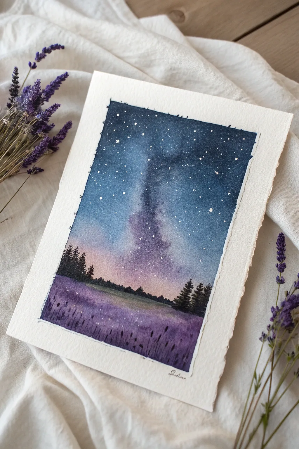 Moody indigo night over a silhouetted lavender field, with soft lilac highlights and stars