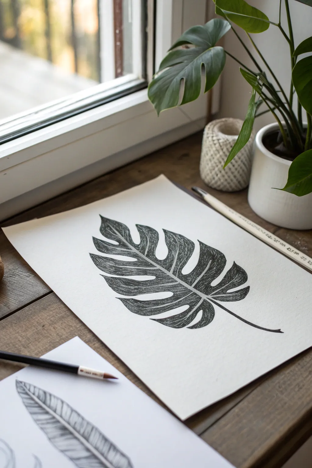 Bold negative space leaf silhouettes on white paper, framed by rich charcoal shading