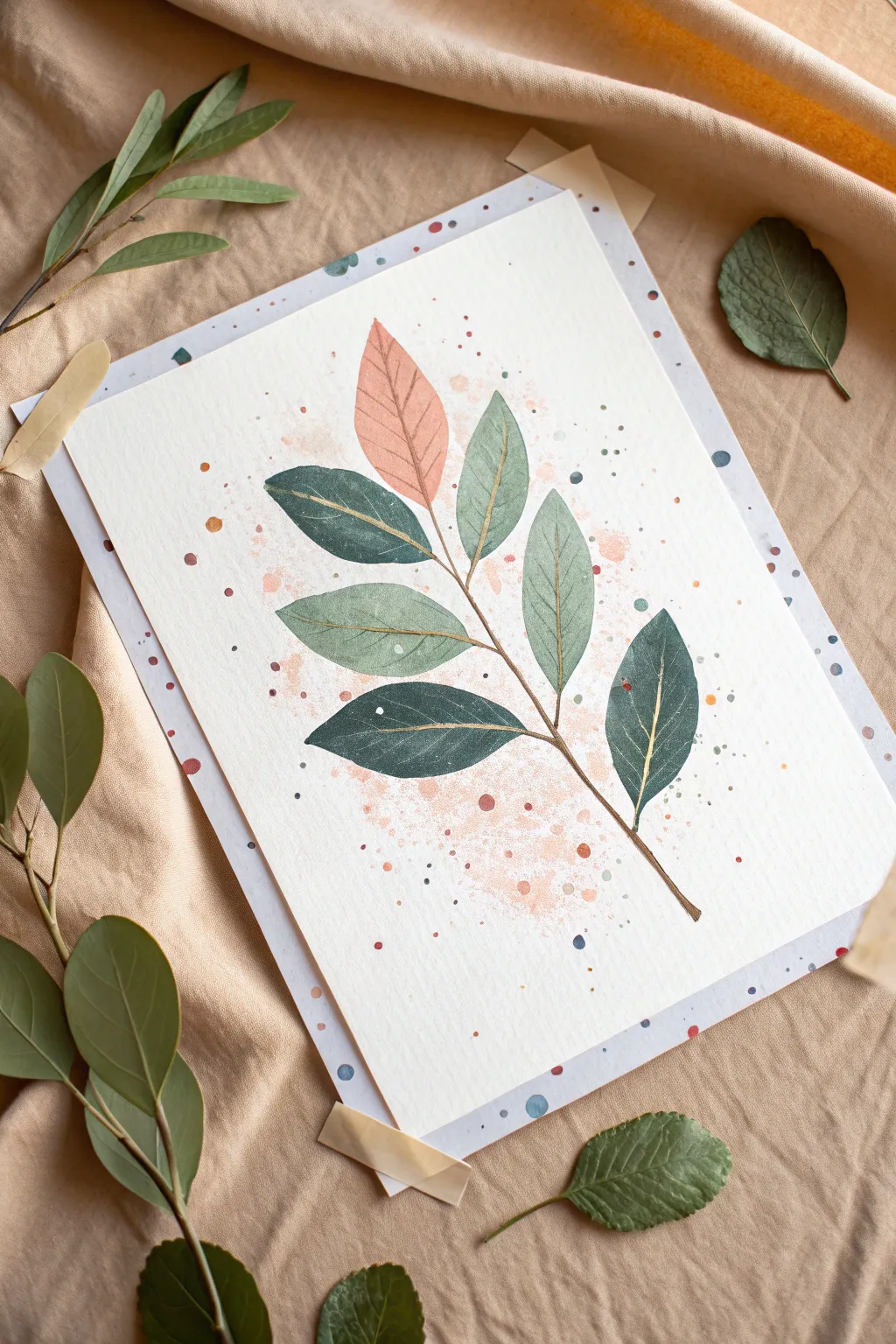 Crisp leaf silhouettes revealed through joyful splatter, clean minimal paper on neutral linen.