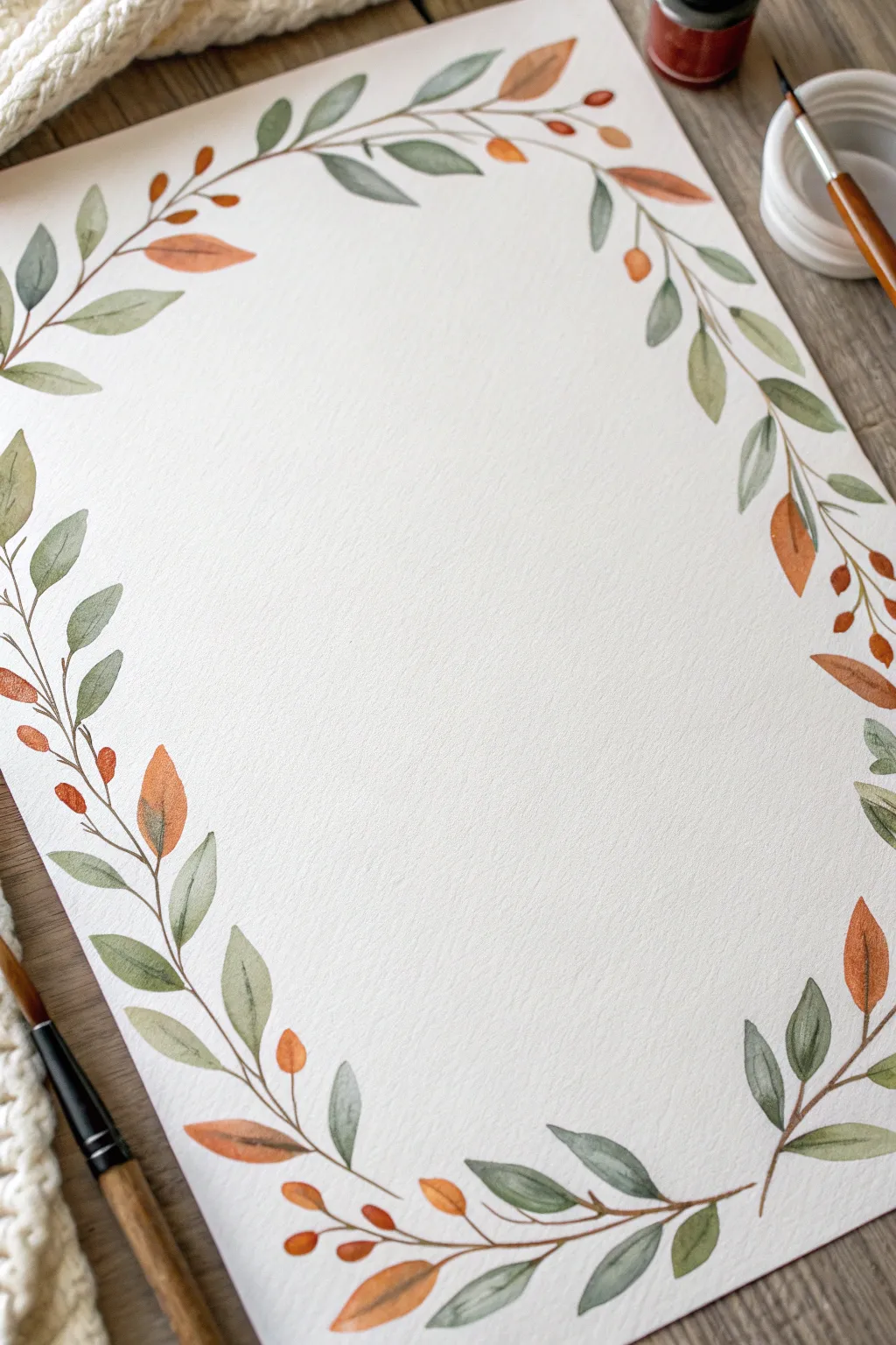 Minimal leaf garland border framing a clean blank center, perfect for simple paper painting