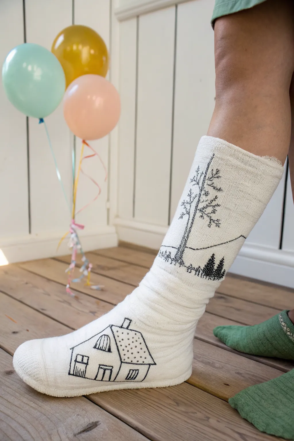 Minimal leg cast art: a tiny house at the ankle with soft balloons floating up the shin