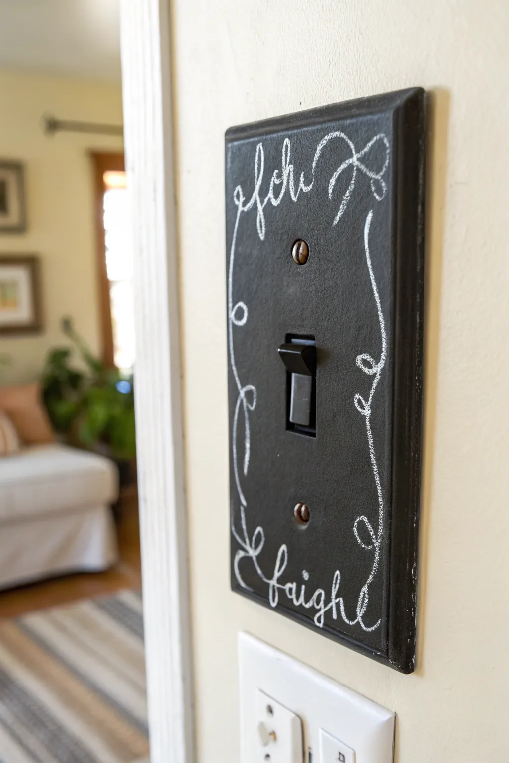 Matte black chalkboard-style switch plate with delicate off-white strokes, minimal boho contrast