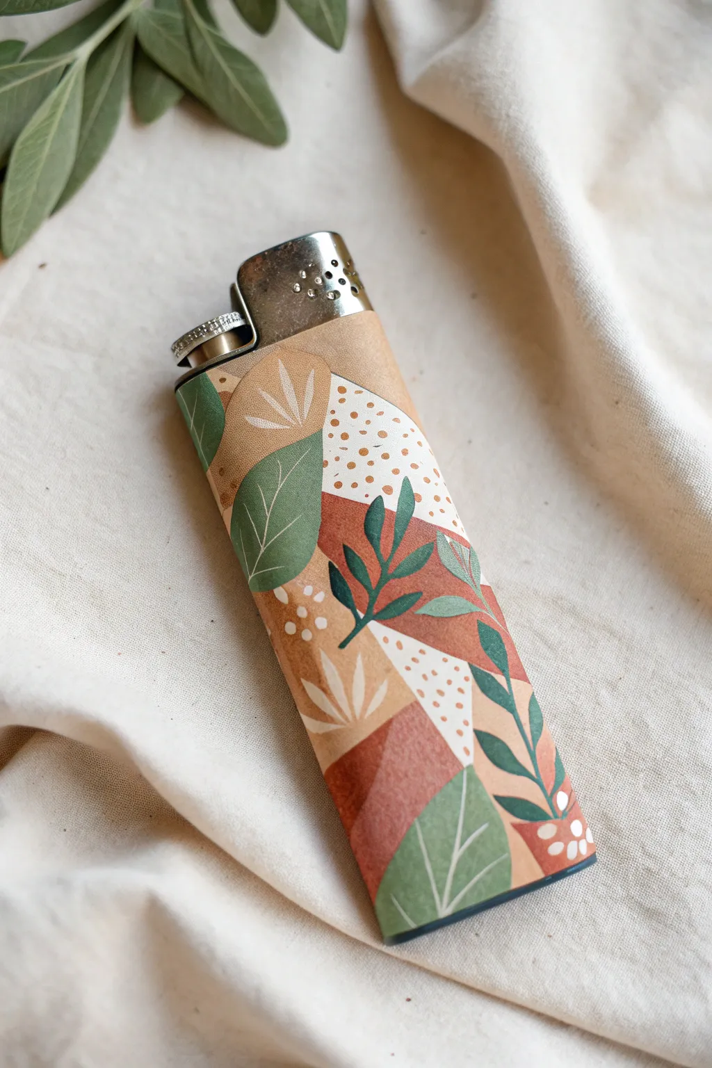 Painted lighter with mini decoupage collage details, simple Nordic styling and soft boho warmth.