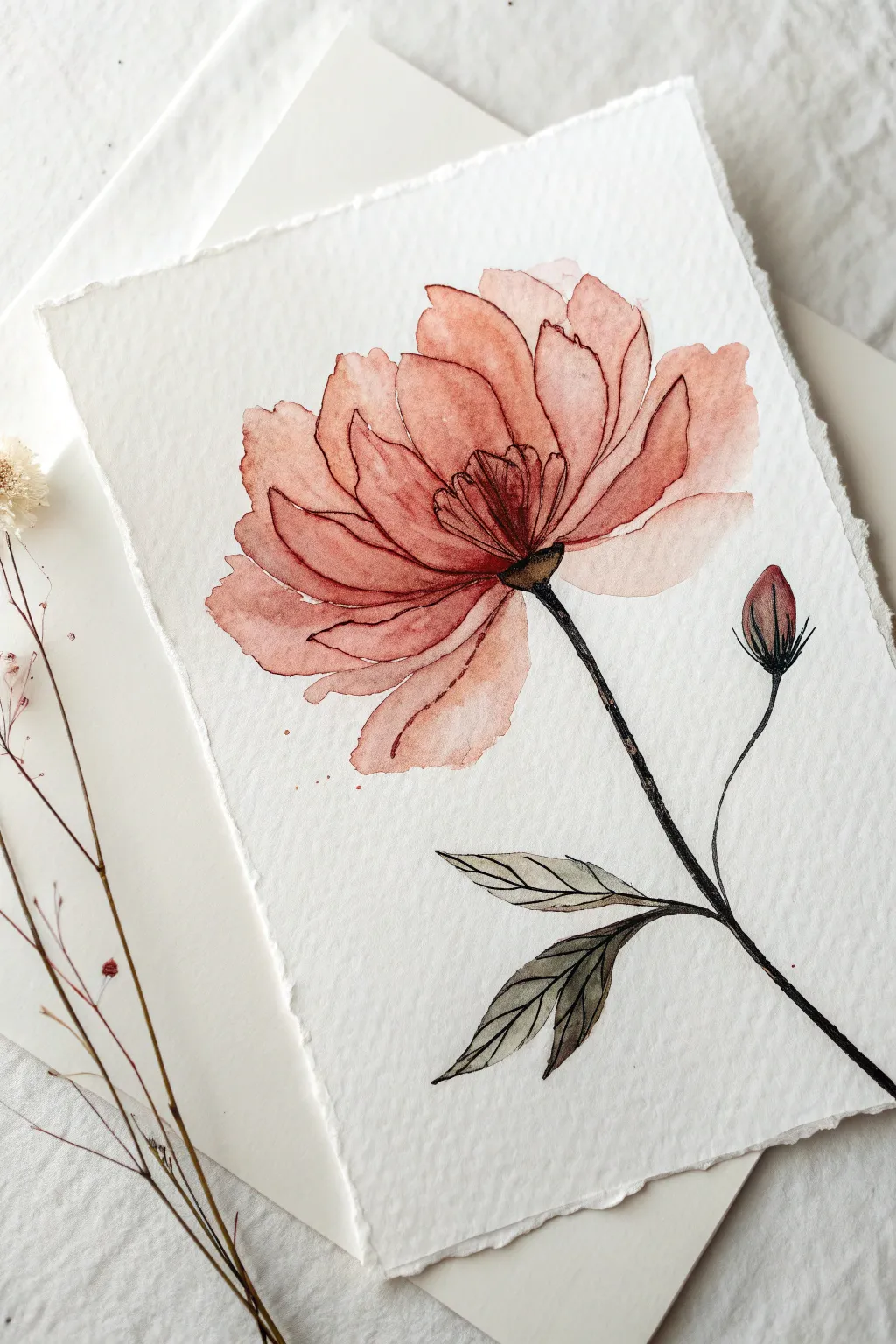 Loose watercolor bloom with crisp ink contour, airy white space and modern minimalist charm