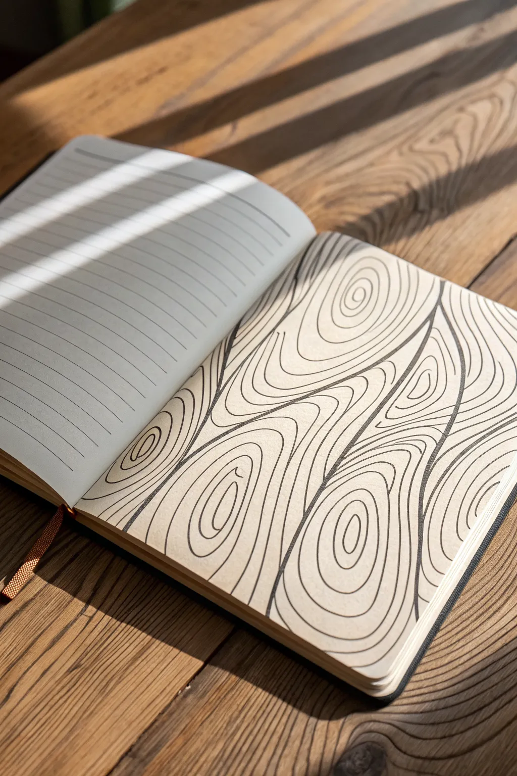 Flowing ink lines form calm wood grain patterns, showing texture through direction and rhythm.