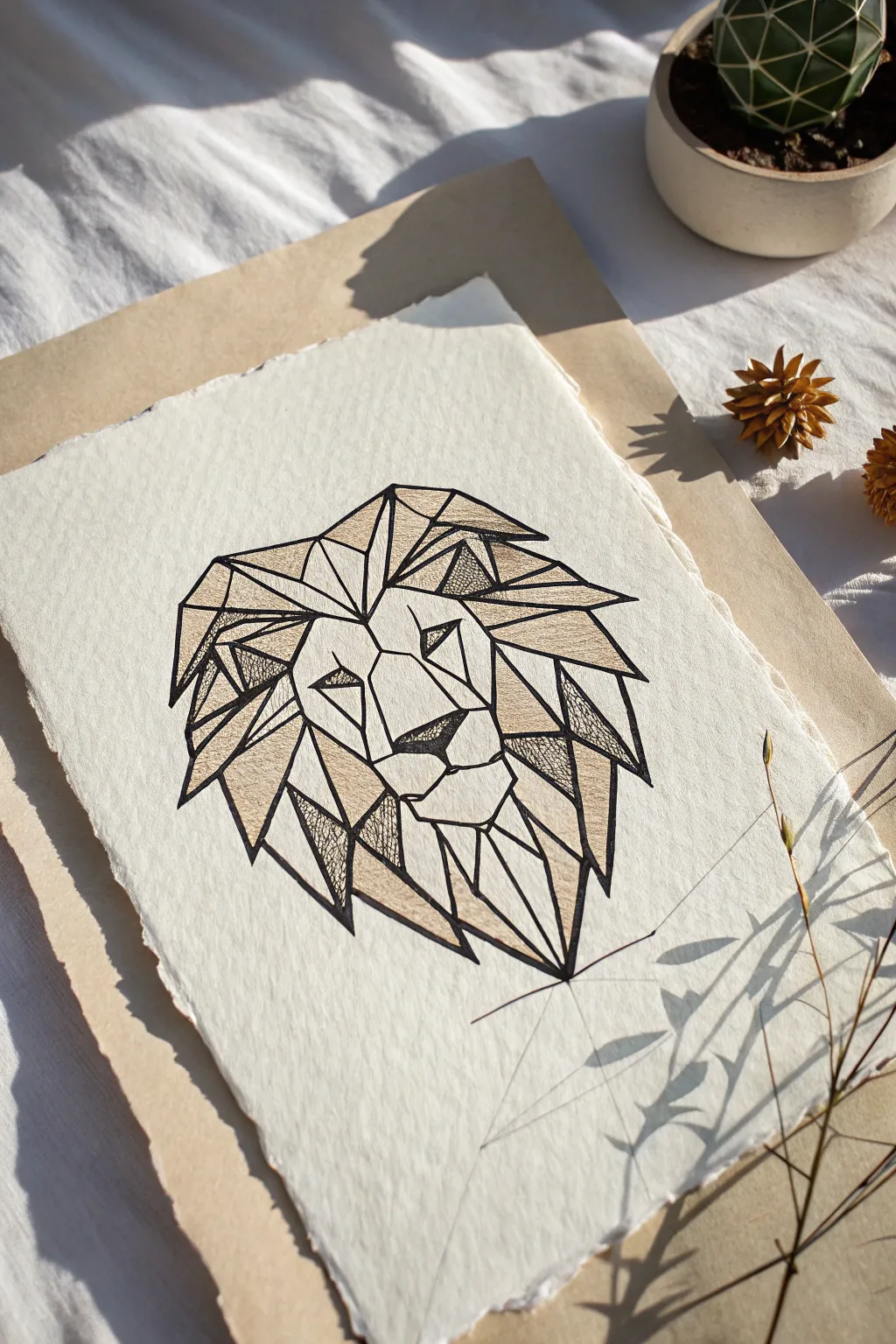 Geometric faceted lion head sketch with crisp lines and subtle shading in minimalist Nordic style