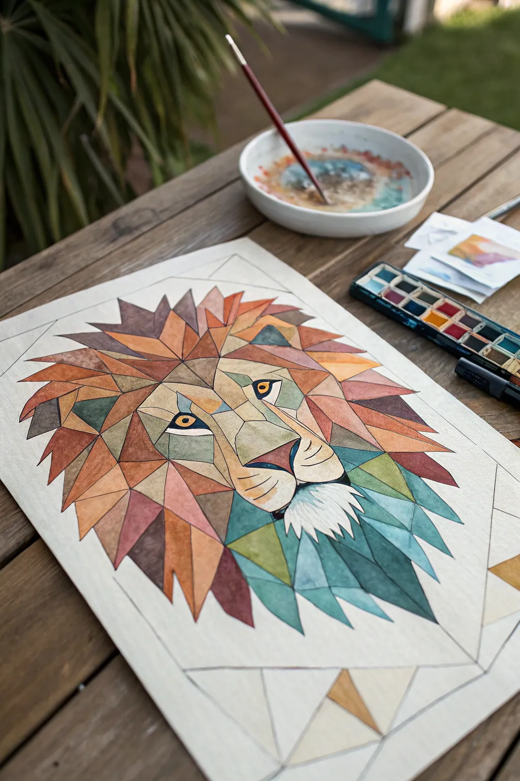 Faceted geometric lion with warm-to-cool planes, clean minimal lines, and a soft boho palette
