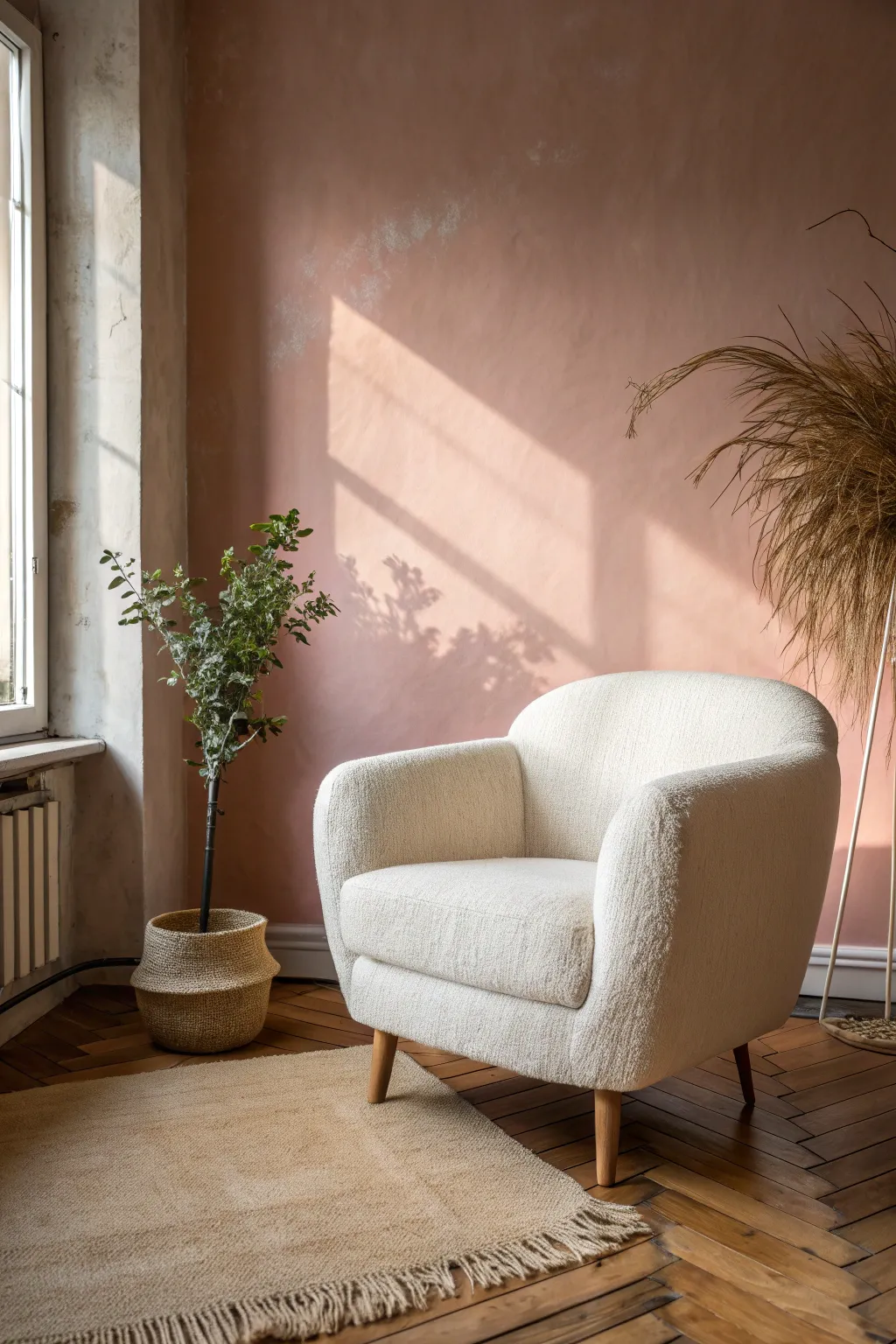 Blush and clay walls with creamy upholstery and warm wood create a soft, inviting living room palette
