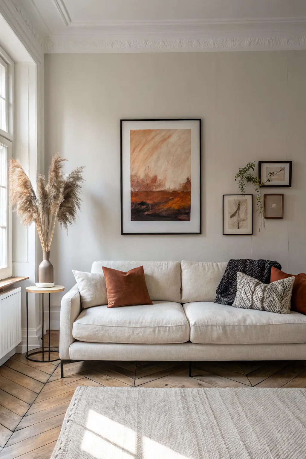 One oversized canvas above the sofa turns a simple living room into a bold, intentional statement.