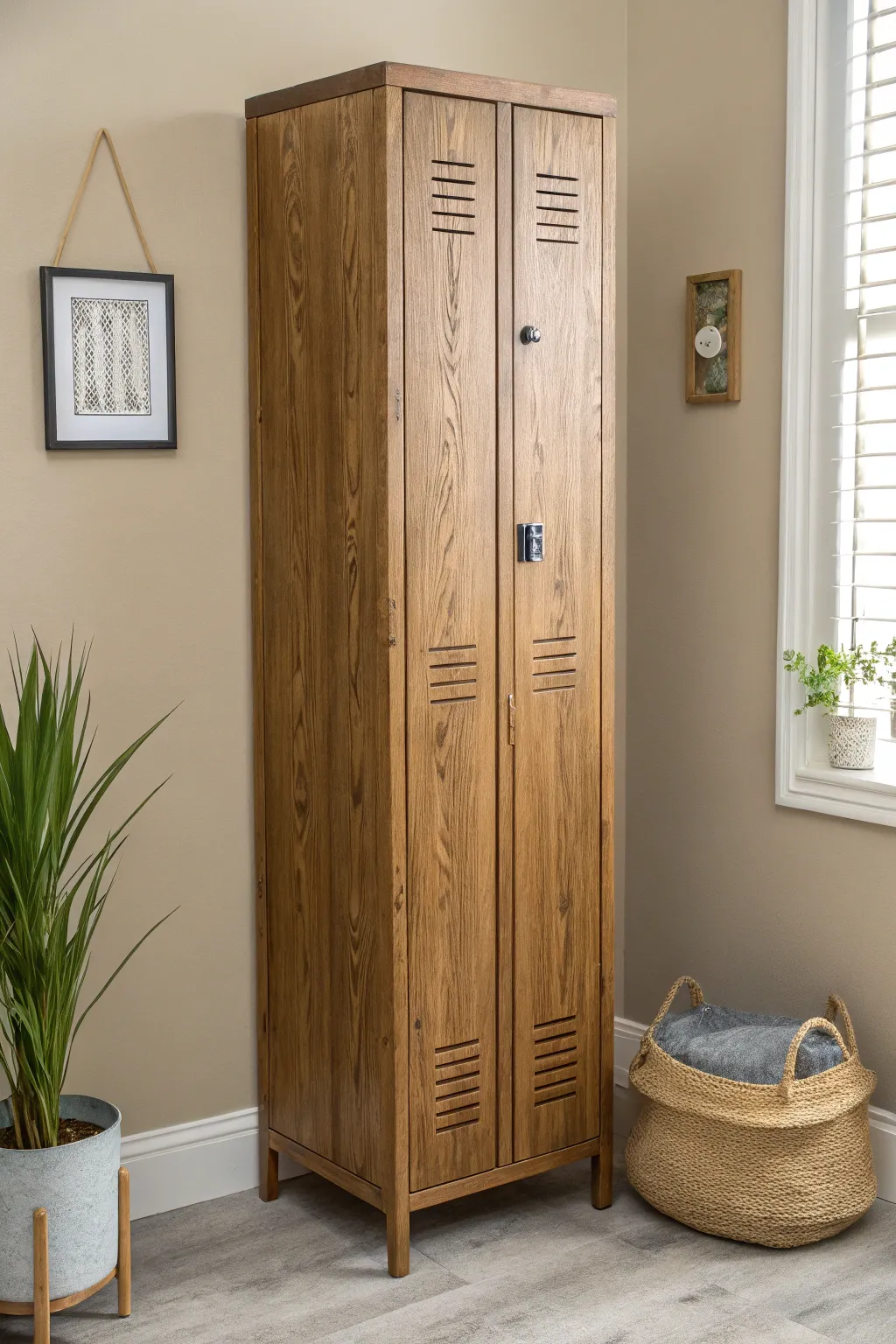 Faux woodgrain locker makeover that turns cold metal into warm, furniture like charm