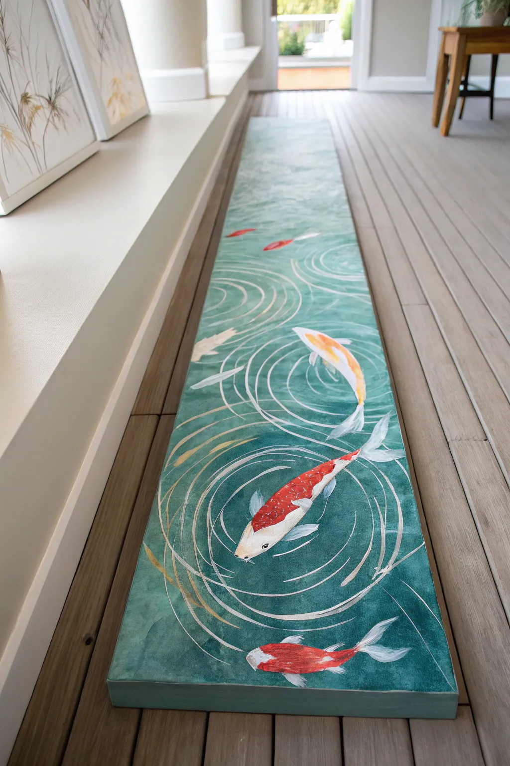 Long canvas koi pond ripples with minimalist curves and shimmering highlights guiding the eye