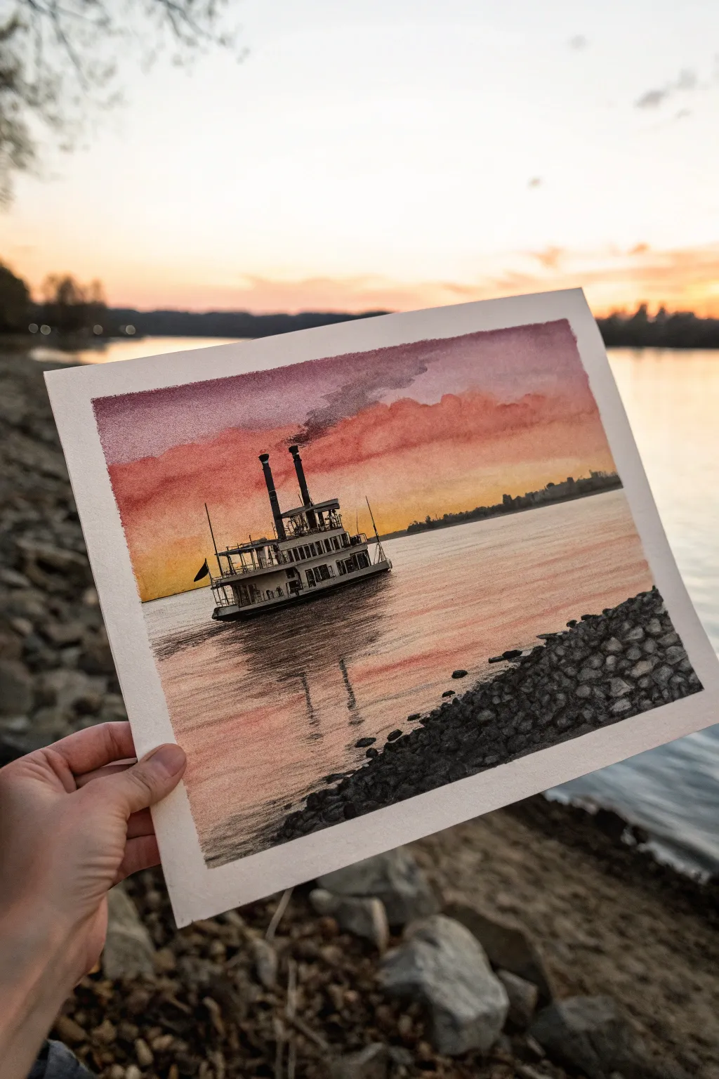 Mississippi riverboat silhouette at sunset, layered sky bands and simple reflections with bold contrast
