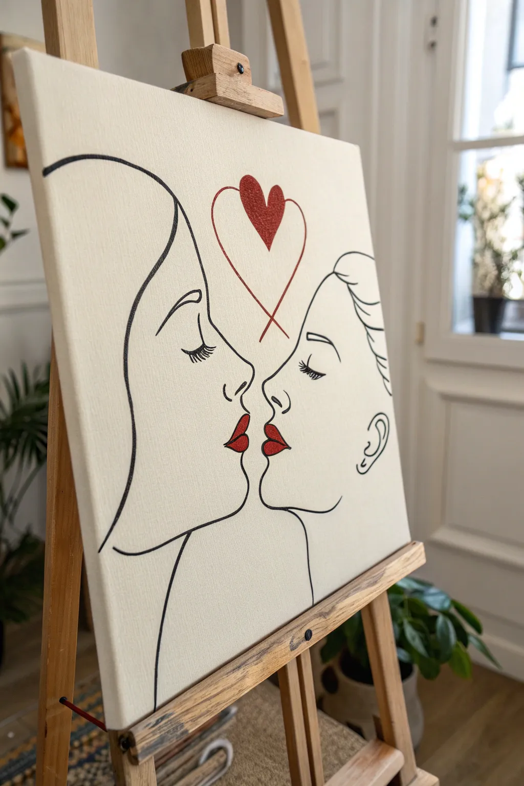 Minimal line art lovers with a single red heart accent on a clean neutral canvas