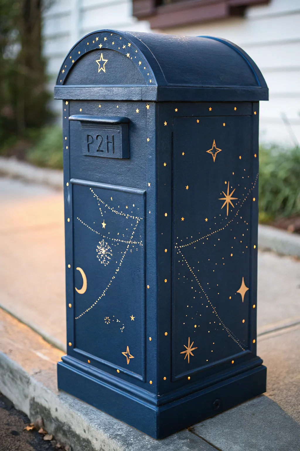 Midnight mailbox with glowing star constellations, minimalist dusk mood and crisp contrast.